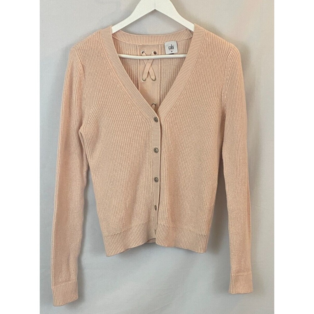Cabi Sweater Womens M Pink Knit Cross Back Detail Long Sleeve Preppy Cardigan